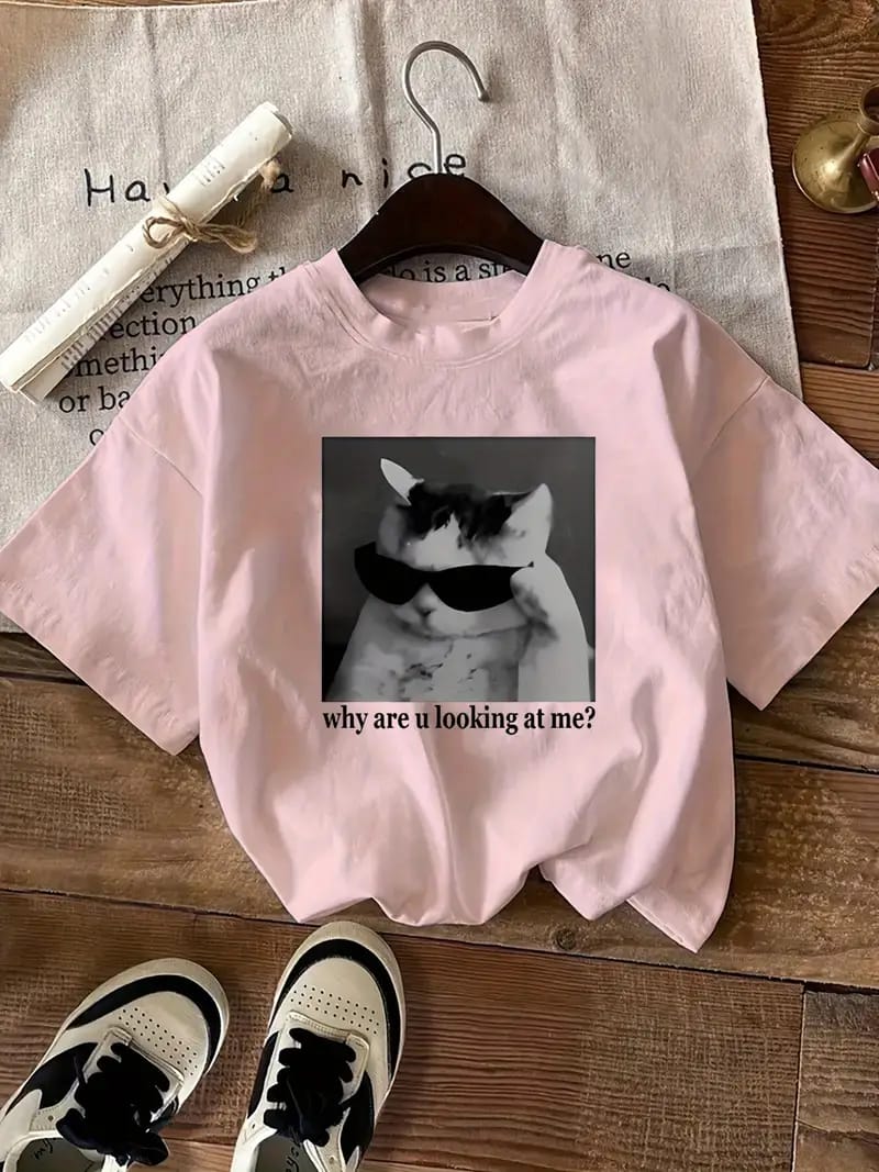 Sassy Cat Graphic Drop Shoulder Tee – "Why Are U Looking At Me?" Edition