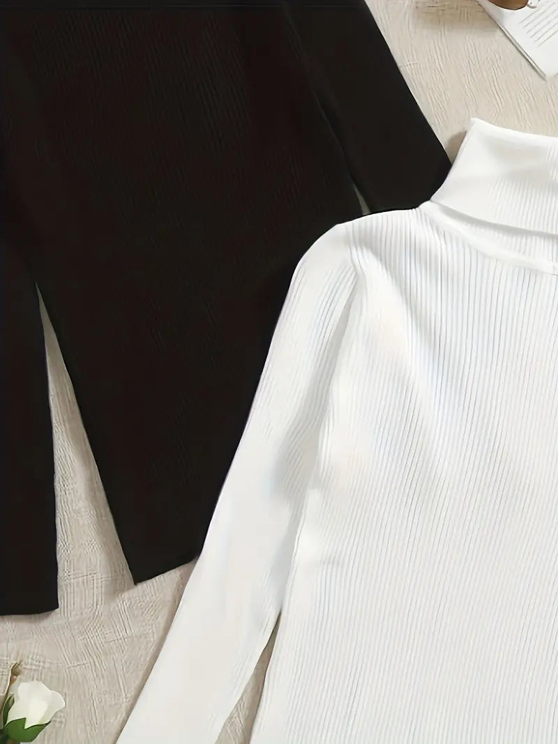bundle of 2- Winter Essentials Ribbed Turtle Neck Shirt,,- BLACK/WHITE