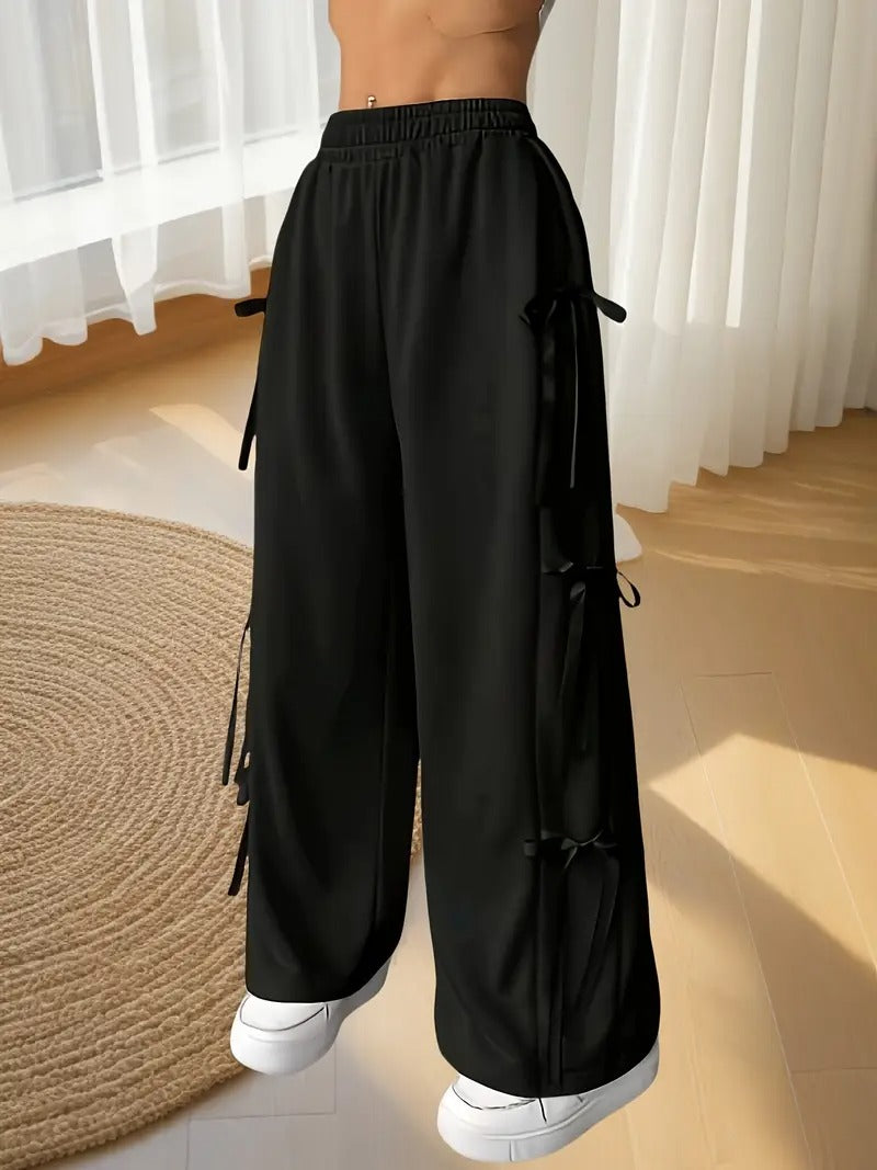 Pack Of 2 - Black Side Tie Wide Leg Baggy Trouser & Beige Piping Wide Leg Trouser