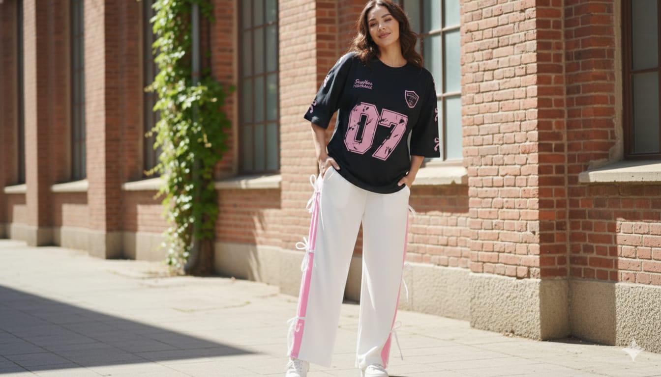 Black 07 Graphic Oversized Tee with White Side Ribbon Wide-Leg Trousers