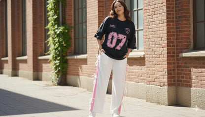 Black 07 Graphic Oversized Tee with White Side Ribbon Wide-Leg Trousers