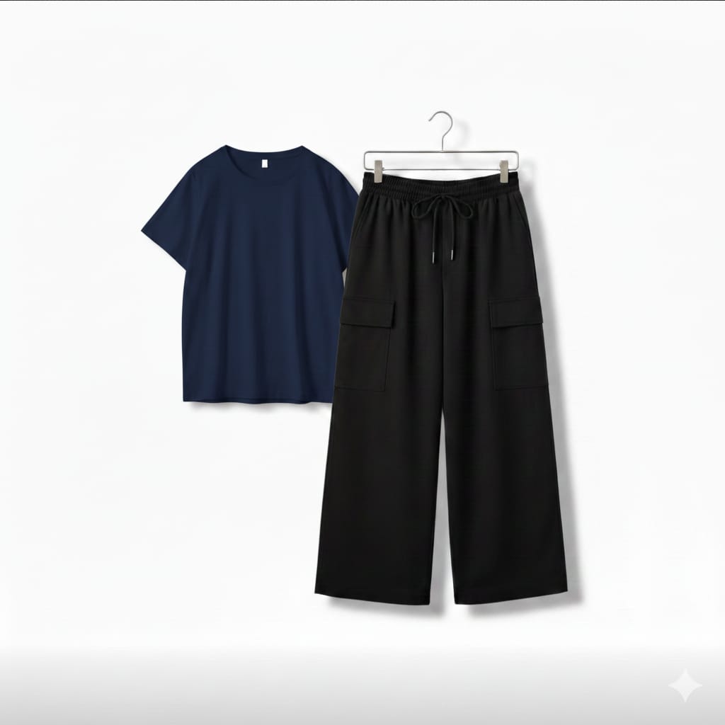 The Urban Chill Set: Navy Blue Oversized Tee & Black Wide-Leg Cargos