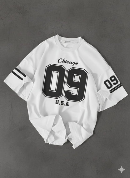 The Urban Essential: Chicago "09" Graphic Oversized Drop-Shoulder Tee - WHITE