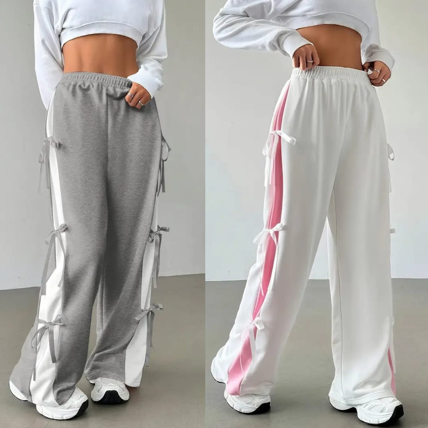 Pack Of 2 - Women’s Baggy Side Tie Wide Leg Trousers – Grey & White with Contrast Panels