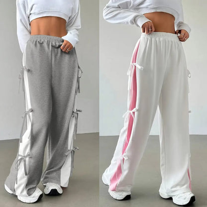 Pack Of 2 - Women’s Baggy Side Tie Wide Leg Trousers – Grey & White with Contrast Panels