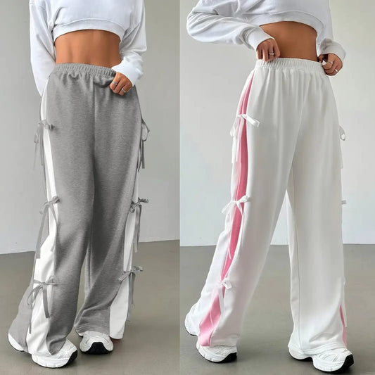 Pack Of 2 - Women’s Baggy Side Tie Wide Leg Trousers – Grey & White with Contrast Panels
