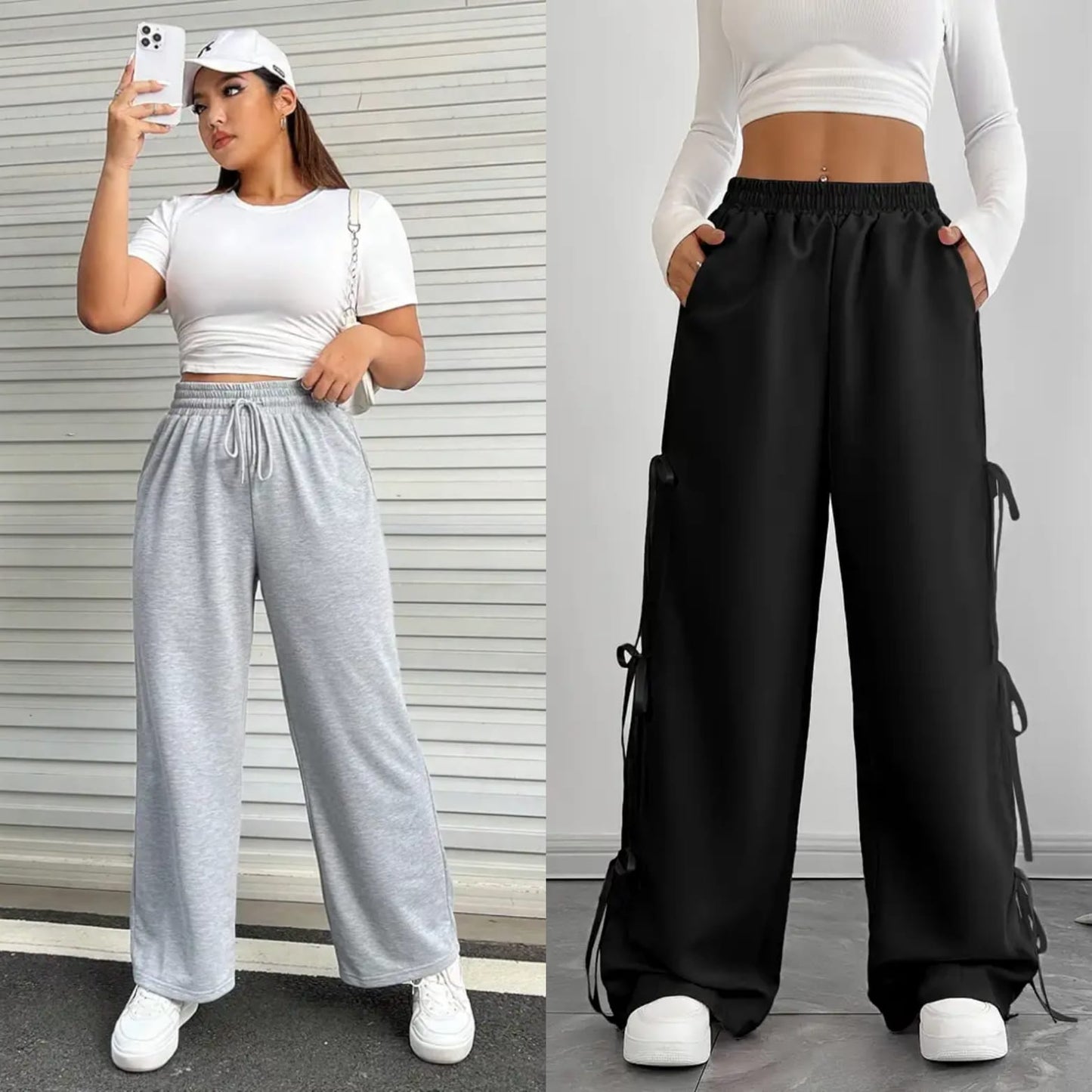 Pack Of 2 - Women’s Wide Leg Trousers – Casual Grey Lounge Pants & Stylish Black Side-Tie Pants