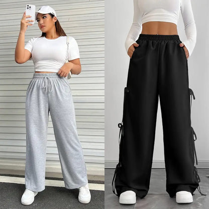 Pack Of 2 - Women’s Wide Leg Trousers – Casual Grey Lounge Pants & Stylish Black Side-Tie Pants