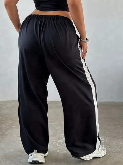Black Baggy Wide-Leg Pants with White Side Stripes – Sporty Street Vibes
