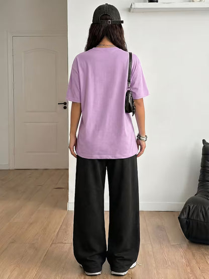 Lilac "NY" Graphic Printed Oversized Tee & Black Wide-Leg Trouser Co-ord Set