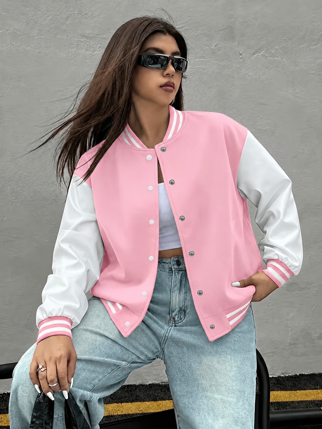 Women's Baby Pink & White Varsity Baseball Jacket – Trendy College Style