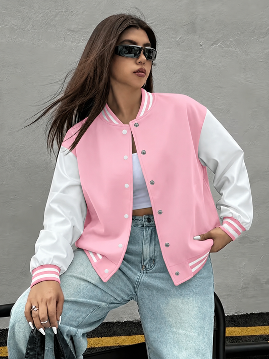 Women's Baby Pink & White Varsity Baseball Jacket – Trendy College Style