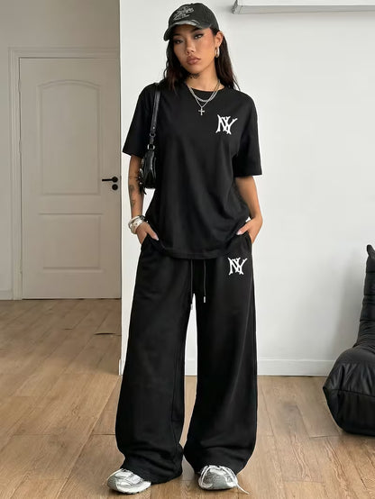 Black "NY" Graphic Printed Oversized Tee & Black Wide-Leg Trouser Co-ord Set