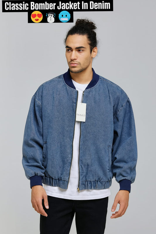 [Modern Edge] Denim Oversized Drop Shoulder Bomber Jacket - Vintage Wash Blue