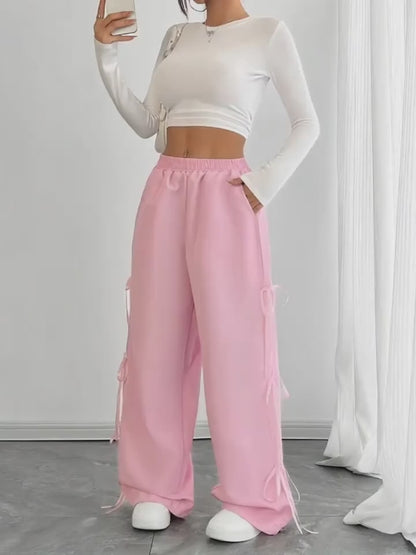 ELASTIC WAIST Wide Leg Pink Trouser with Side Bow