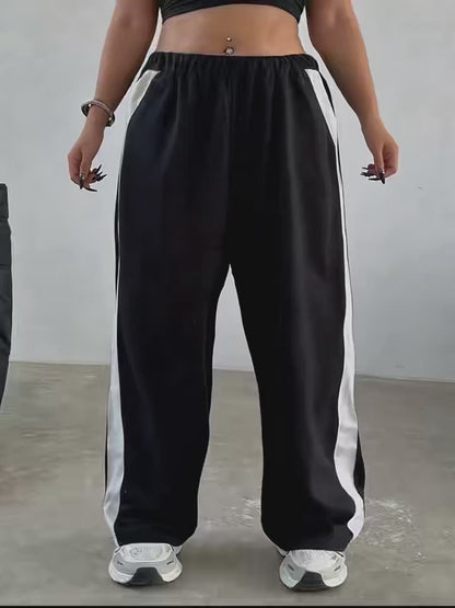 Black Baggy Wide-Leg Pants with White Side Stripes – Sporty Street Vibes