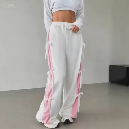White Side Tie Wide Leg Jogger with Pink Panel