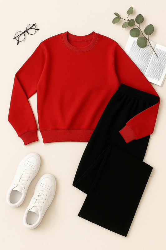 Cozy Red Sweatshirt & Black Wide-Leg Sweat Trouser Set