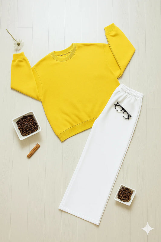 Cozy Yellow Sweatshirt & White Wide-Leg Sweat Trouser Set