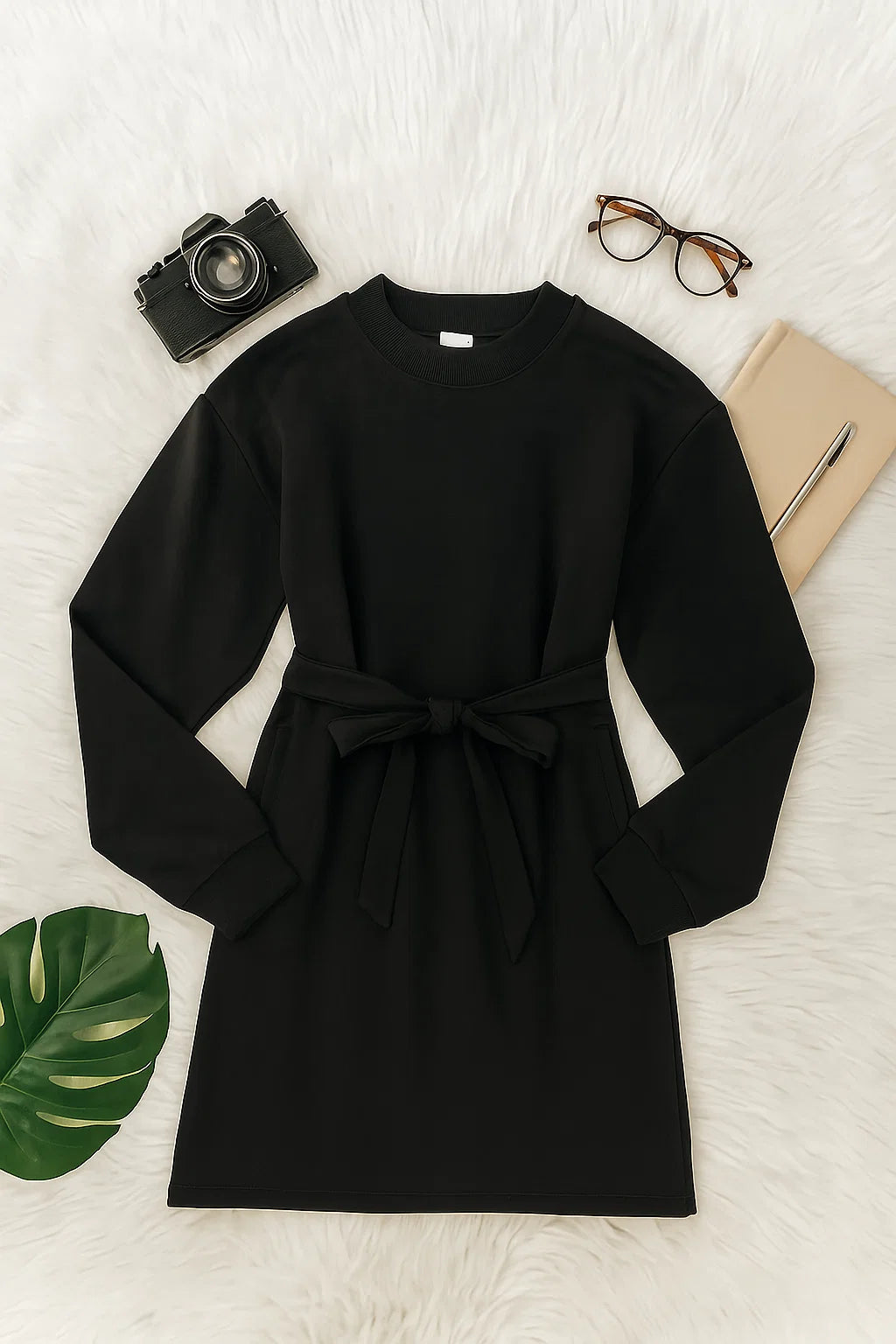 Chic Cozy Black Longline Belted Sweatshirt with Side Pockets