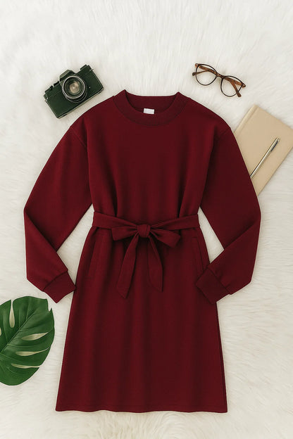 Chic Maroon Longline Belted Sweatshirt With Side Pockets