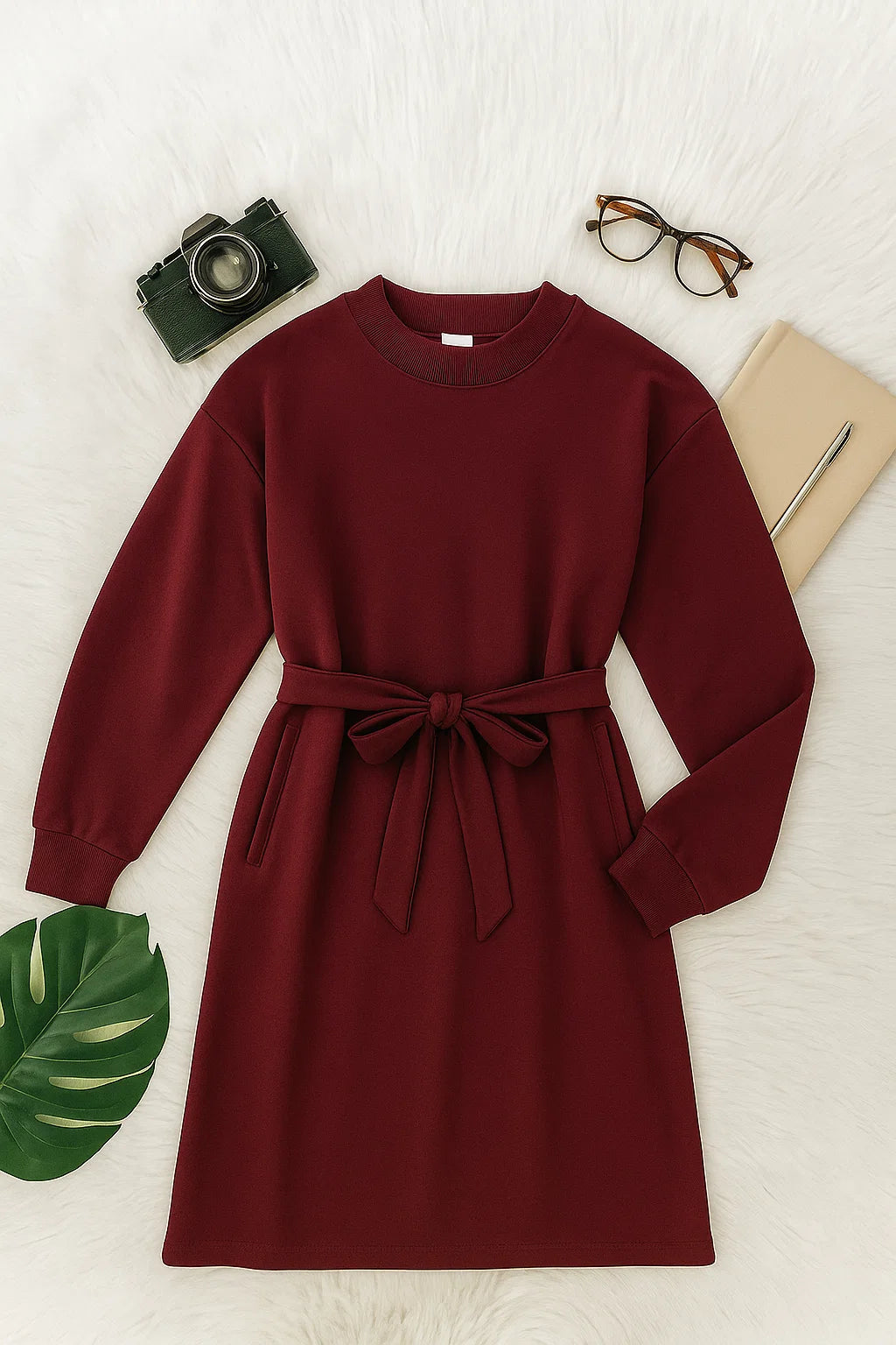 Chic Maroon Longline Belted Sweatshirt With Side Pockets