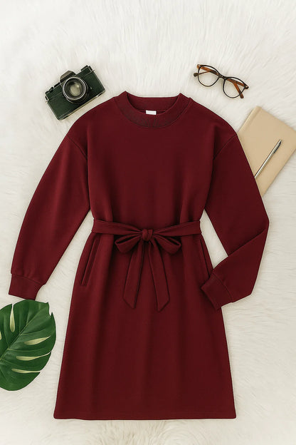 Chic Maroon Longline Belted Sweatshirt With Side Pockets
