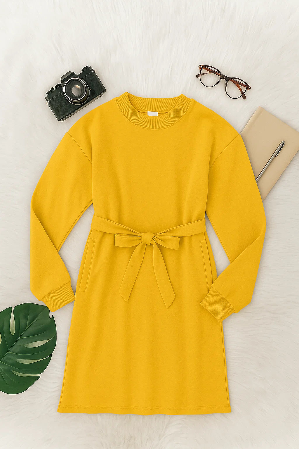Chic Yellow Longline Belted Sweatshirt With Side Pockets