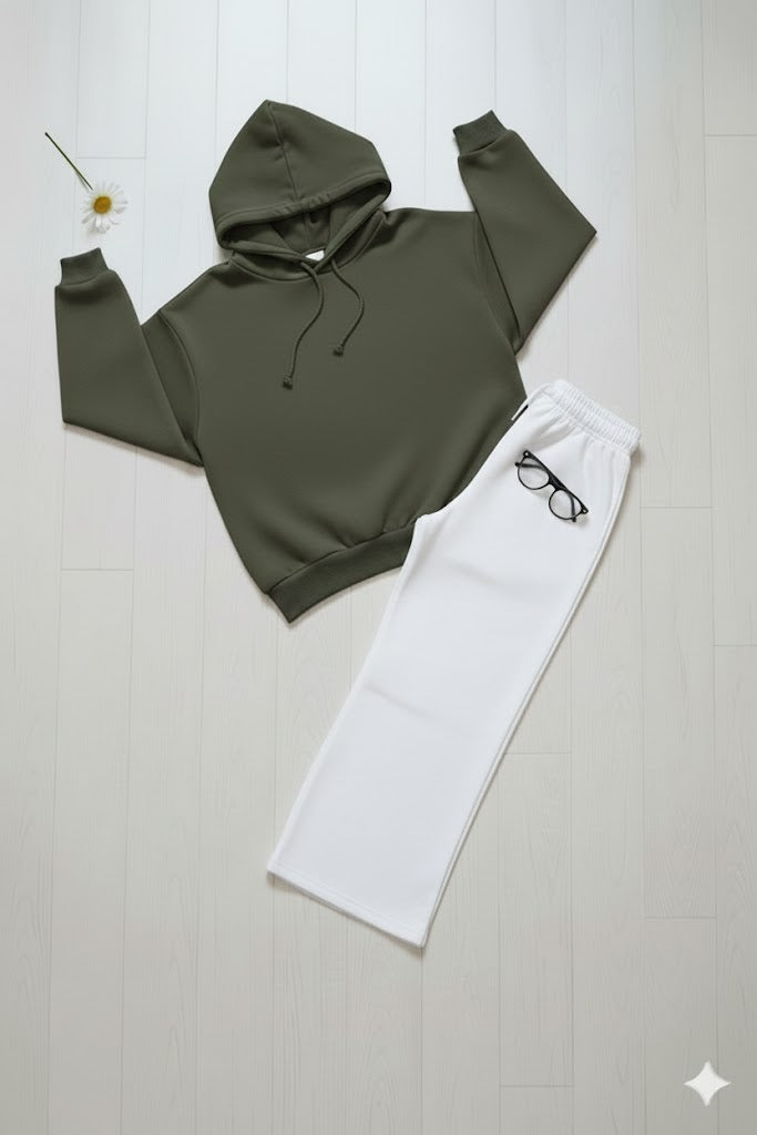 Cozy Olive Green Hoodie & Classic White Wide-Leg Trouser Set