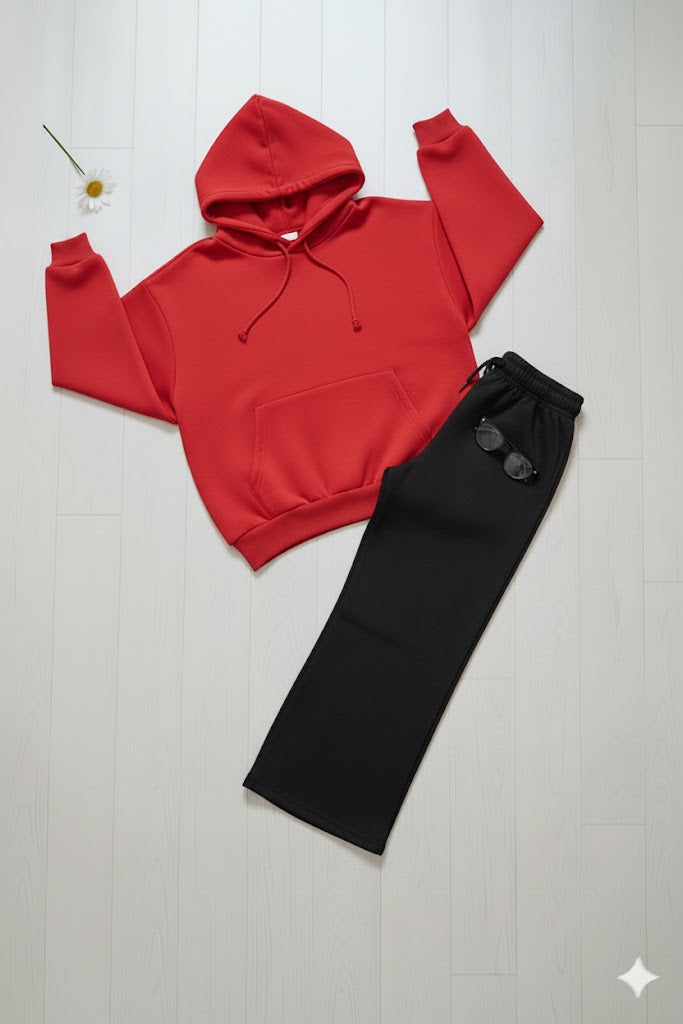 Cozy Red Hoodie & Classic Black Wide-Leg Trouser Set