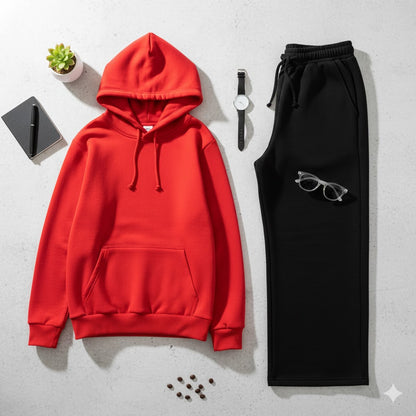 Cozy Red Hoodie & Classic Black Wide-Leg Trouser Set