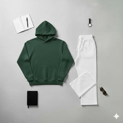Cozy Green Hoodie & Classic White Wide-Leg Trouser Set
