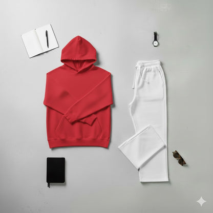 Cozy Red Hoodie & Classic White Wide-Leg Trouser Set