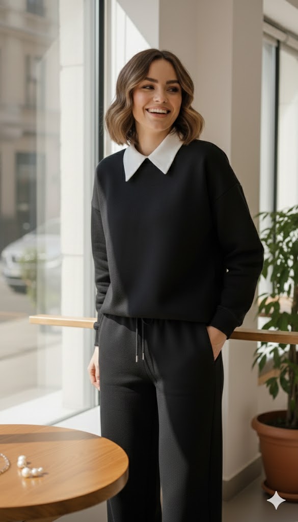 Effortless Elegance: Black Collared Sweatshirt & Wide-Leg Sweat Trouser Set