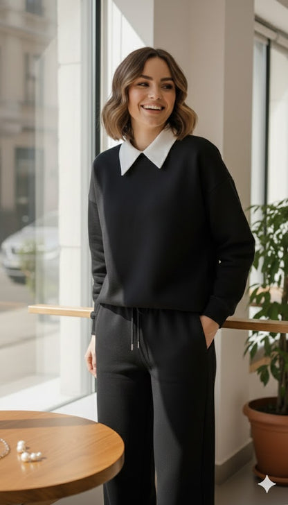 Effortless Elegance: Black Collared Sweatshirt & Wide-Leg Sweat Trouser Set