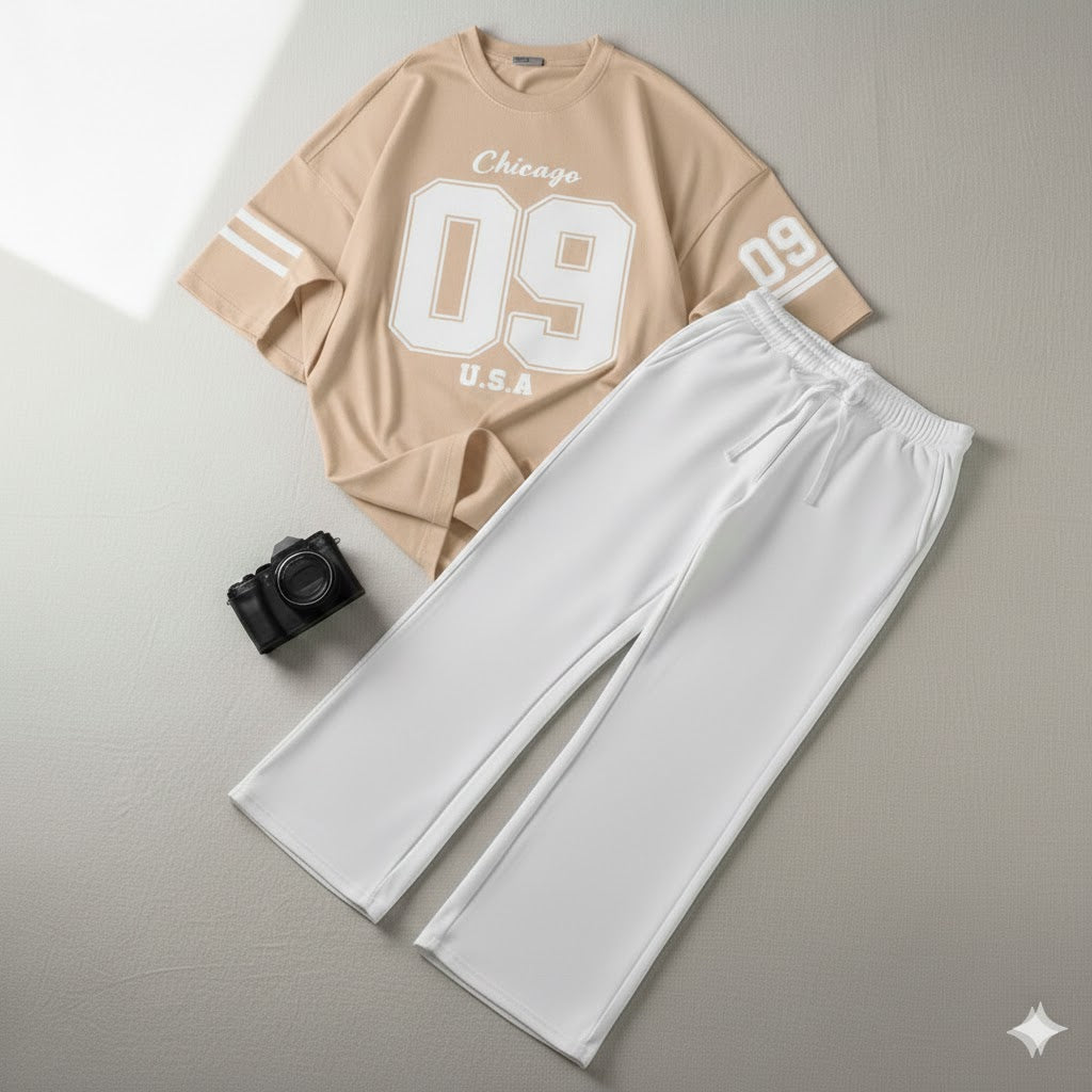 09 Printed Drop Shoulder Graphic Tee & White Wide-Leg Trouser Set