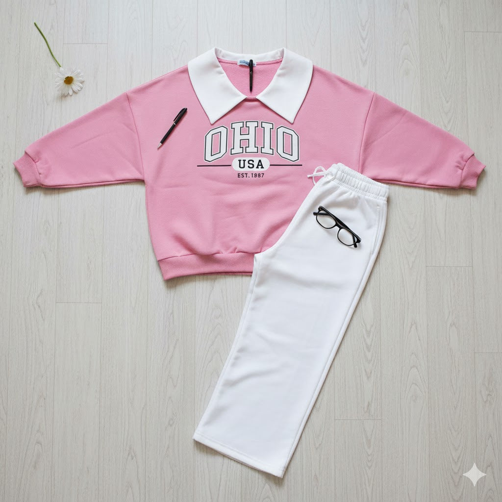 “OHIO USA” Fleece Collar Sweatshirt & White Wide Leg Trouser Co-ord Set