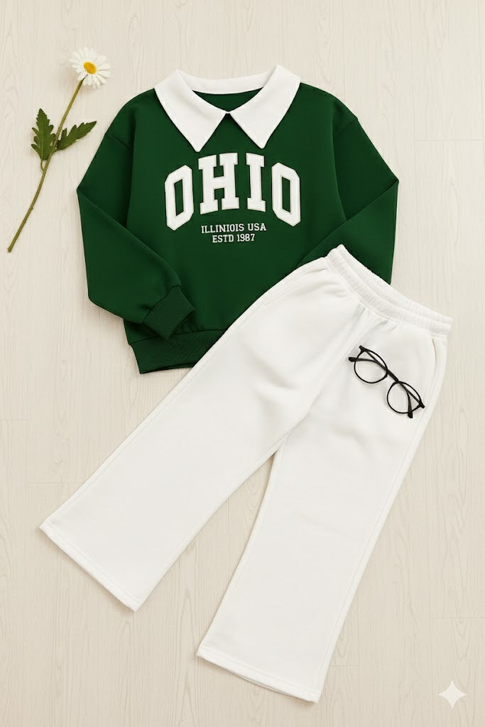 Green “OHIO USA” Fleece Collar Sweatshirt & White Wide Leg Trouser Co-ord Set