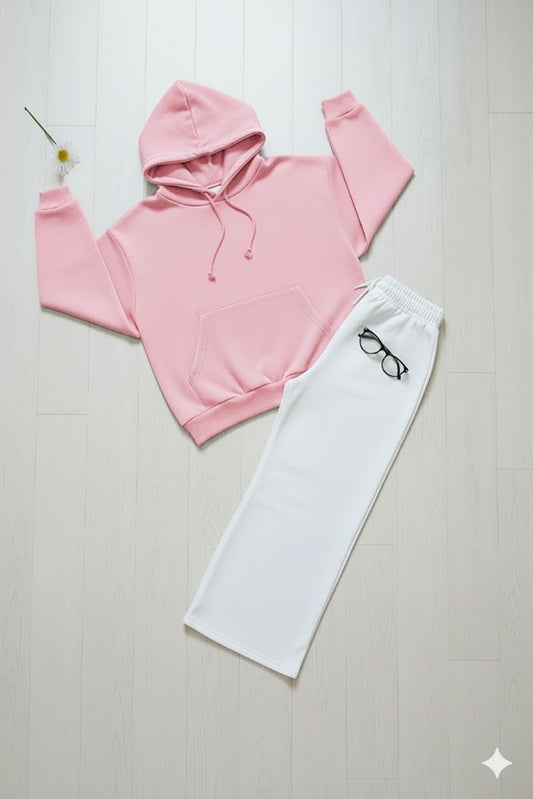 Cozy Pink Hoodie & Classic White Wide-Leg Trouser Set