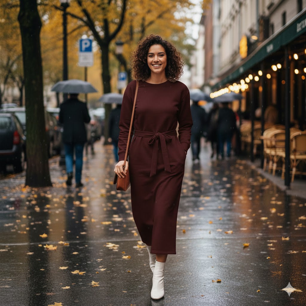 Chic MAROON Longline Belted Sweatshirt With Side Pockets