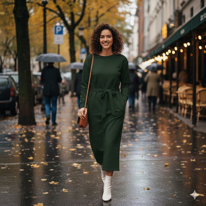 Chic Dark Green Longline Belted Sweatshirt With Side Pockets