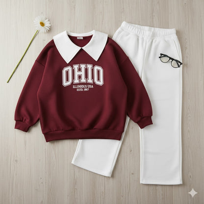 Maroon “OHIO USA” Fleece Collar Sweatshirt & White Wide Leg Trouser Co-ord Set