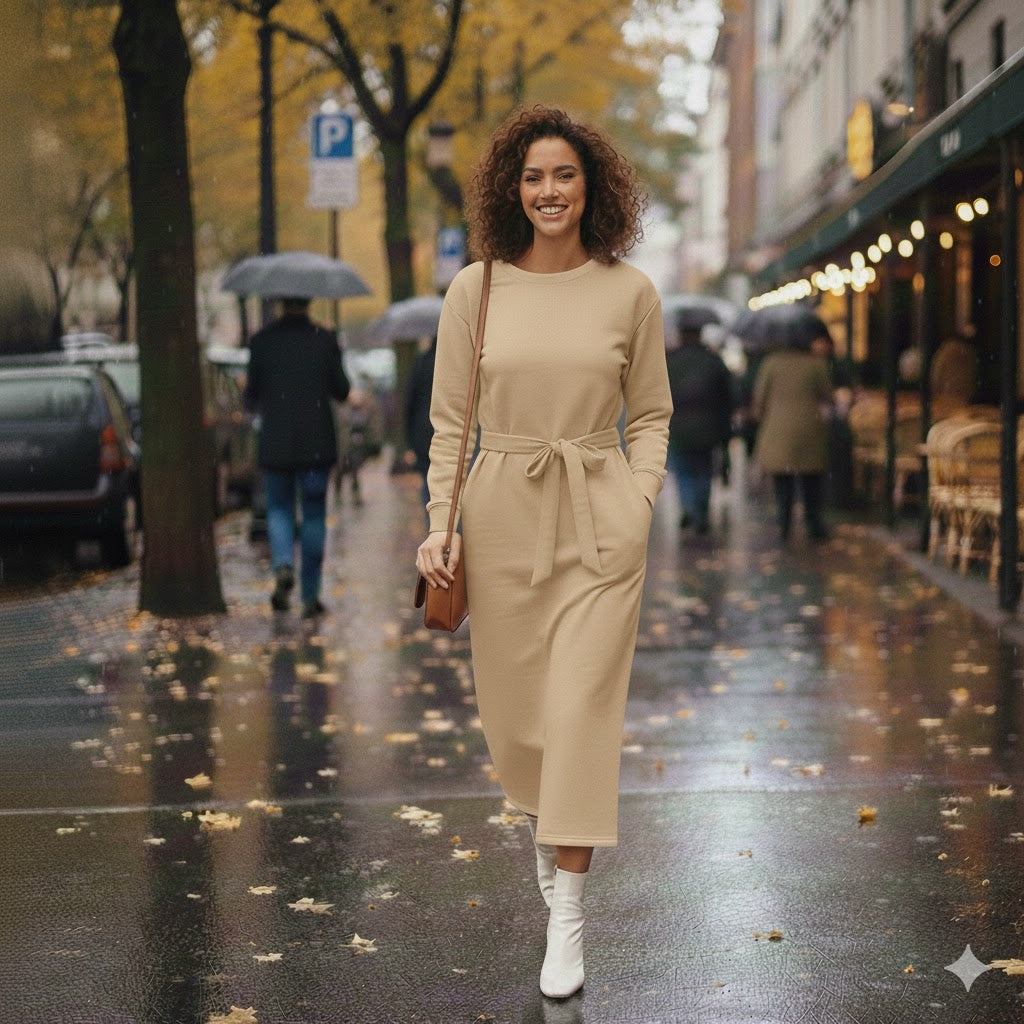 Chic BEIGE Longline Belted Sweatshirt With Side Pockets