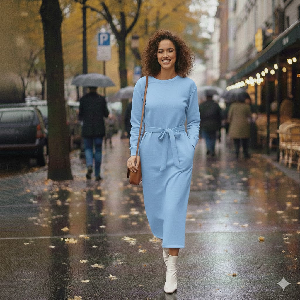 Chic Sky Blue Longline Belted Sweatshirt With Side Pockets