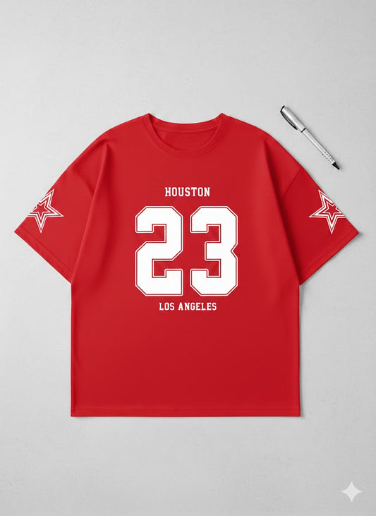 Urban Edge Red Oversized Graphic Tee – "Houston 23" Drop-Shoulder Streetwear T-Shirt