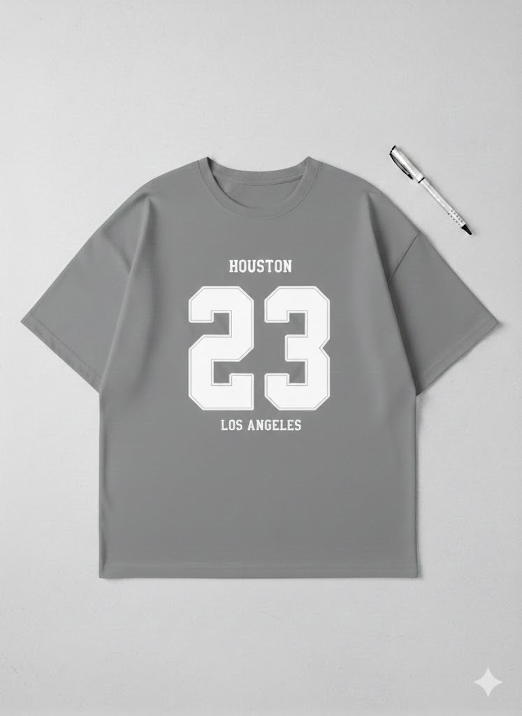 Urban Edge Steel Grey Oversized Graphic Tee – "Houston 23" Drop-Shoulder Streetwear T-Shirt