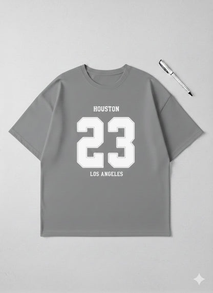 Urban Edge Steel Grey Oversized Graphic Tee – "Houston 23" Drop-Shoulder Streetwear T-Shirt