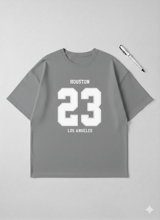 Urban Edge Steel Grey Oversized Graphic Tee – "Houston 23" Drop-Shoulder Streetwear T-Shirt