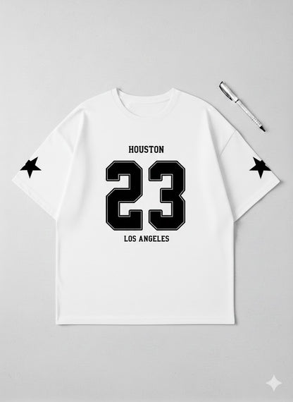 Urban Edge White Oversized Graphic Tee – "Houston 23" Drop-Shoulder Streetwear T-Shirt