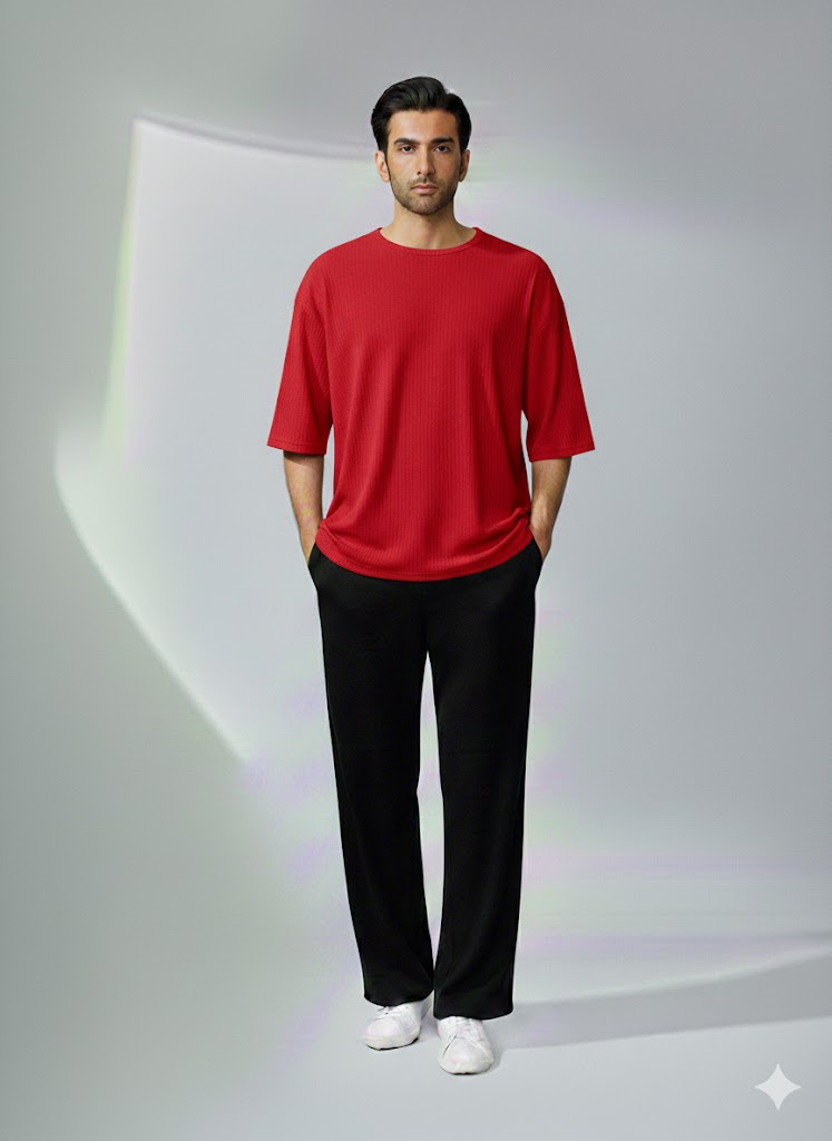 Chill Mode – Relaxed Oversized Tee & Trouser Set - RED/BLACK